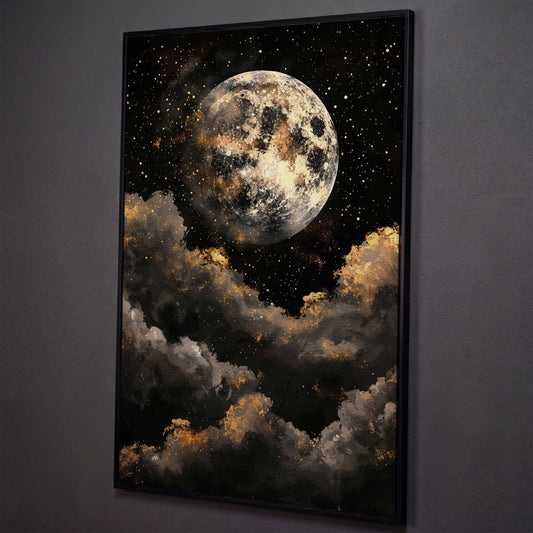 Moonrise Over Golden Clouds Canvas Art shown in black floating frame