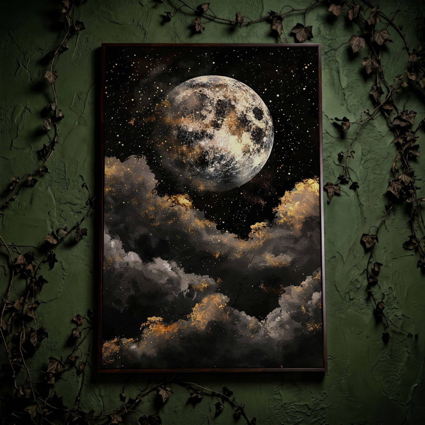 Moonrise Over Golden Clouds Canvas Art in dark walnut floating frame