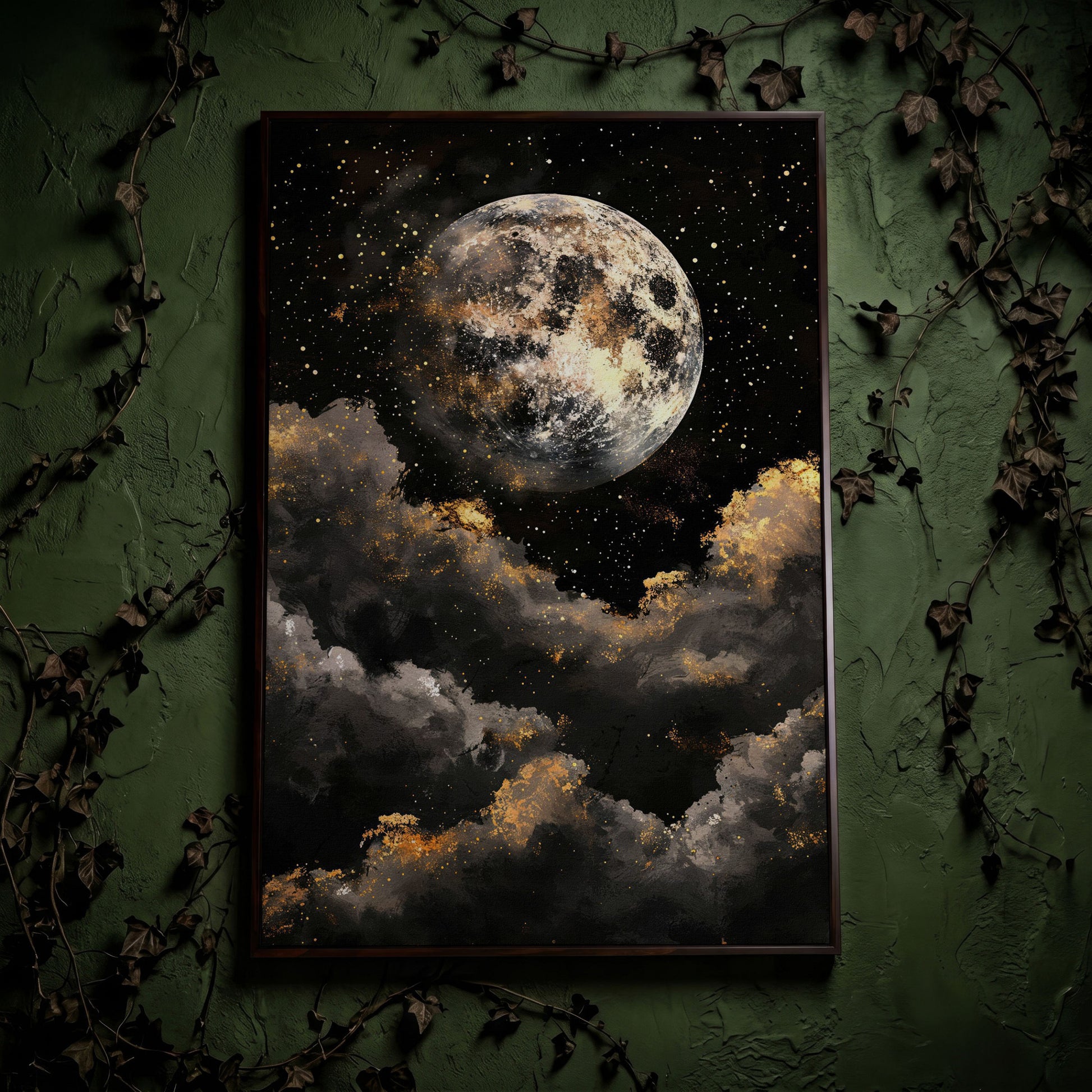 Moonrise Over Golden Clouds Canvas Art in dark walnut floating frame