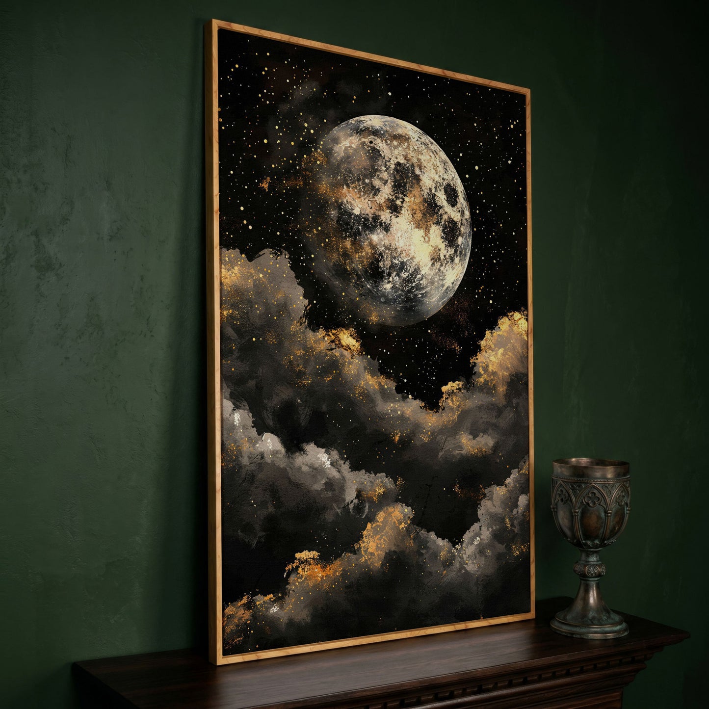 Moonrise Over Golden Clouds Canvas Art in white oak floating frame