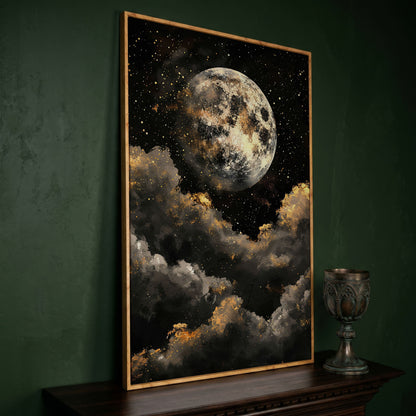 Moonrise Over Golden Clouds Canvas Art in white oak floating frame