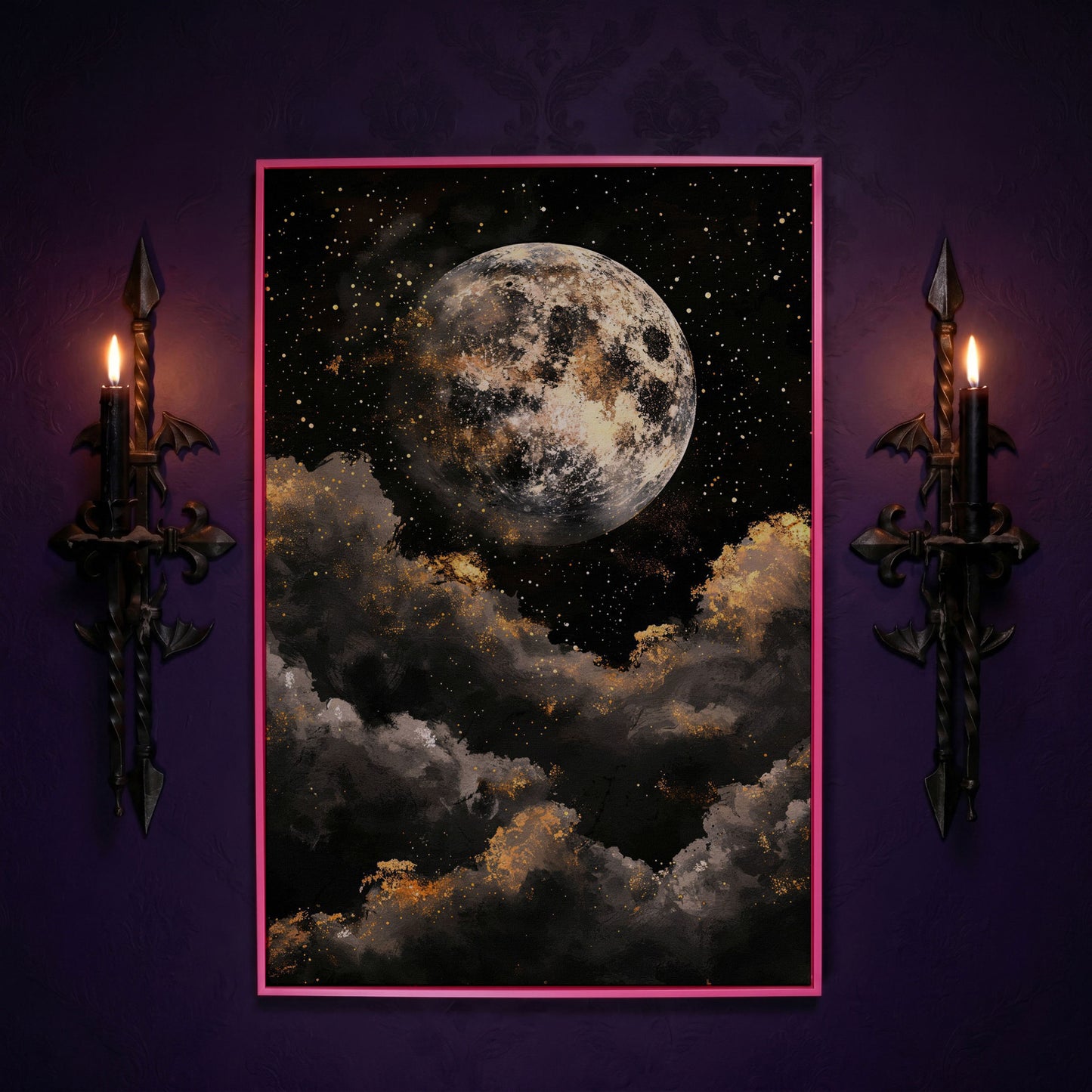 Moonrise Over Golden Clouds Canvas Art in pink floating frame