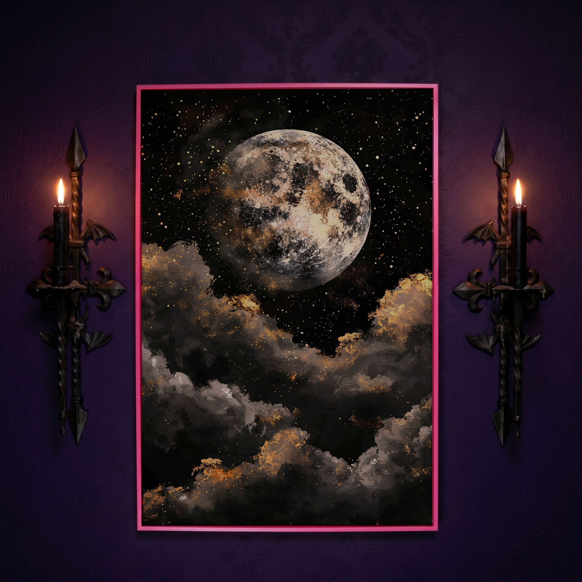 Moonrise Over Golden Clouds Canvas Art in pink floating frame