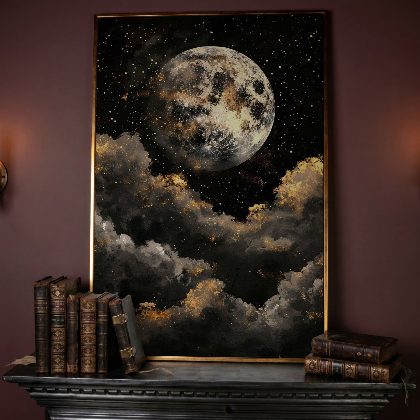 Moonrise Over Golden Clouds Canvas Art in rose gold floating frame