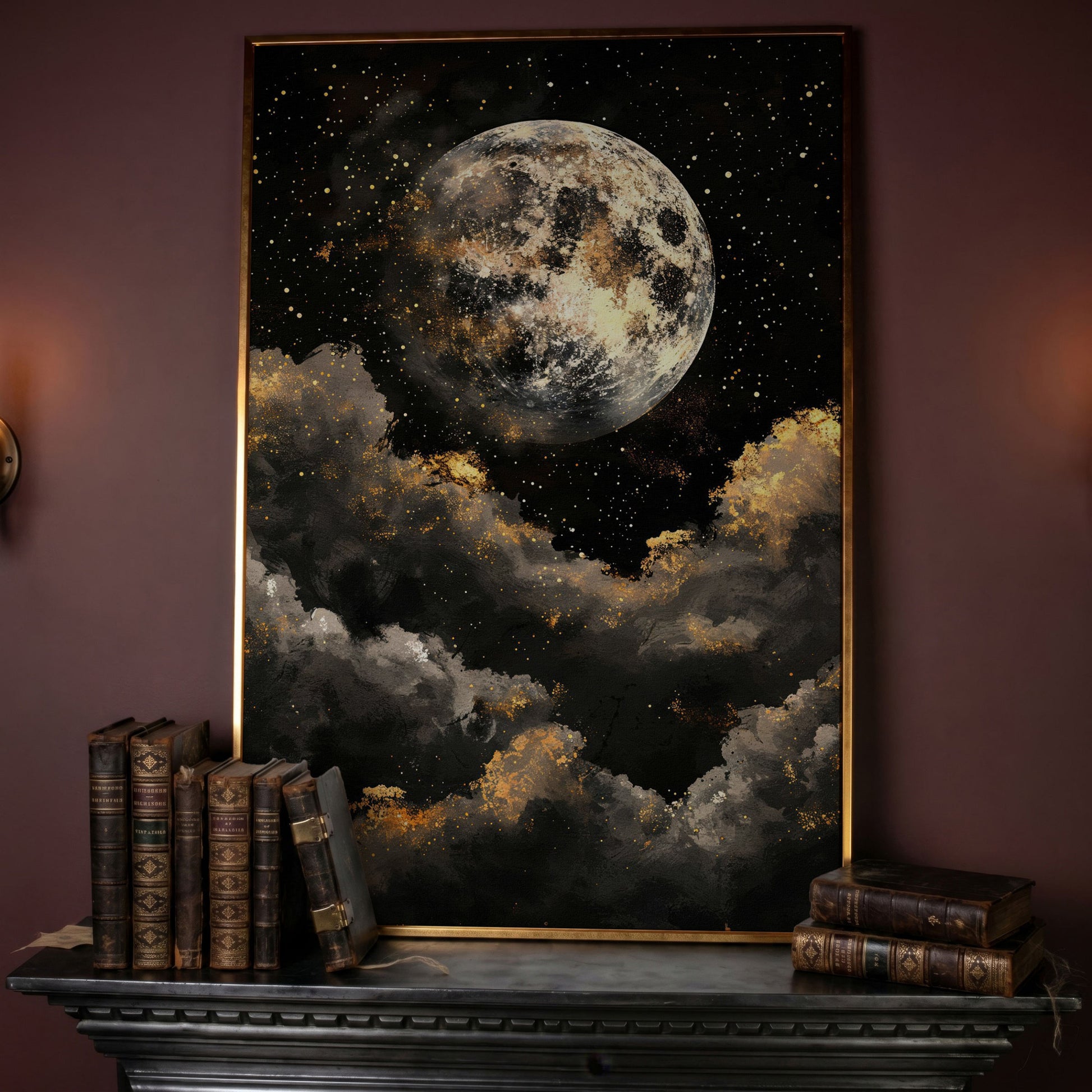 Moonrise Over Golden Clouds Canvas Art in rose gold floating frame