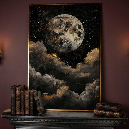 Moonrise Over Golden Clouds Canvas Art in rose gold floating frame