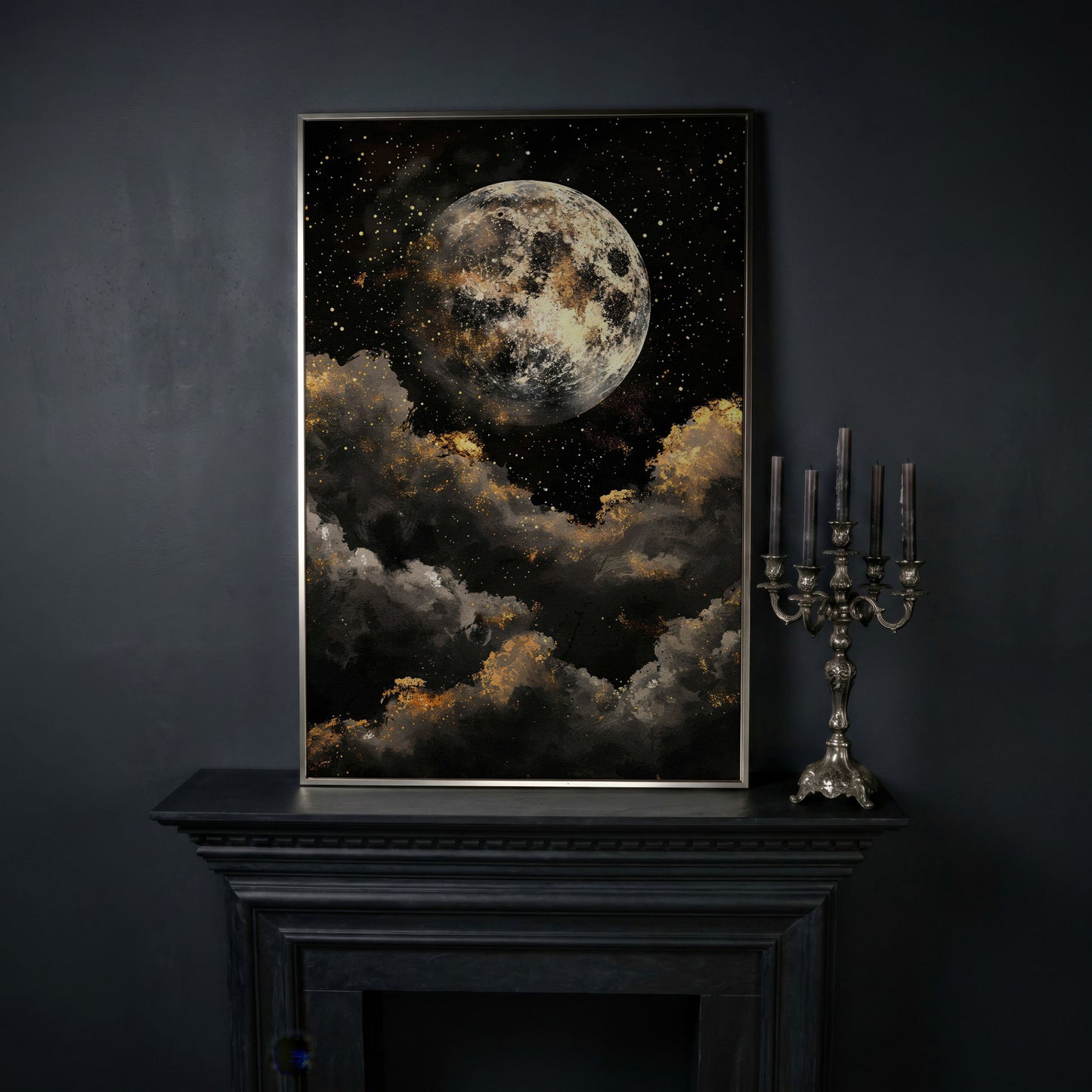 Moonrise Over Golden Clouds Canvas Art in silver floating frame