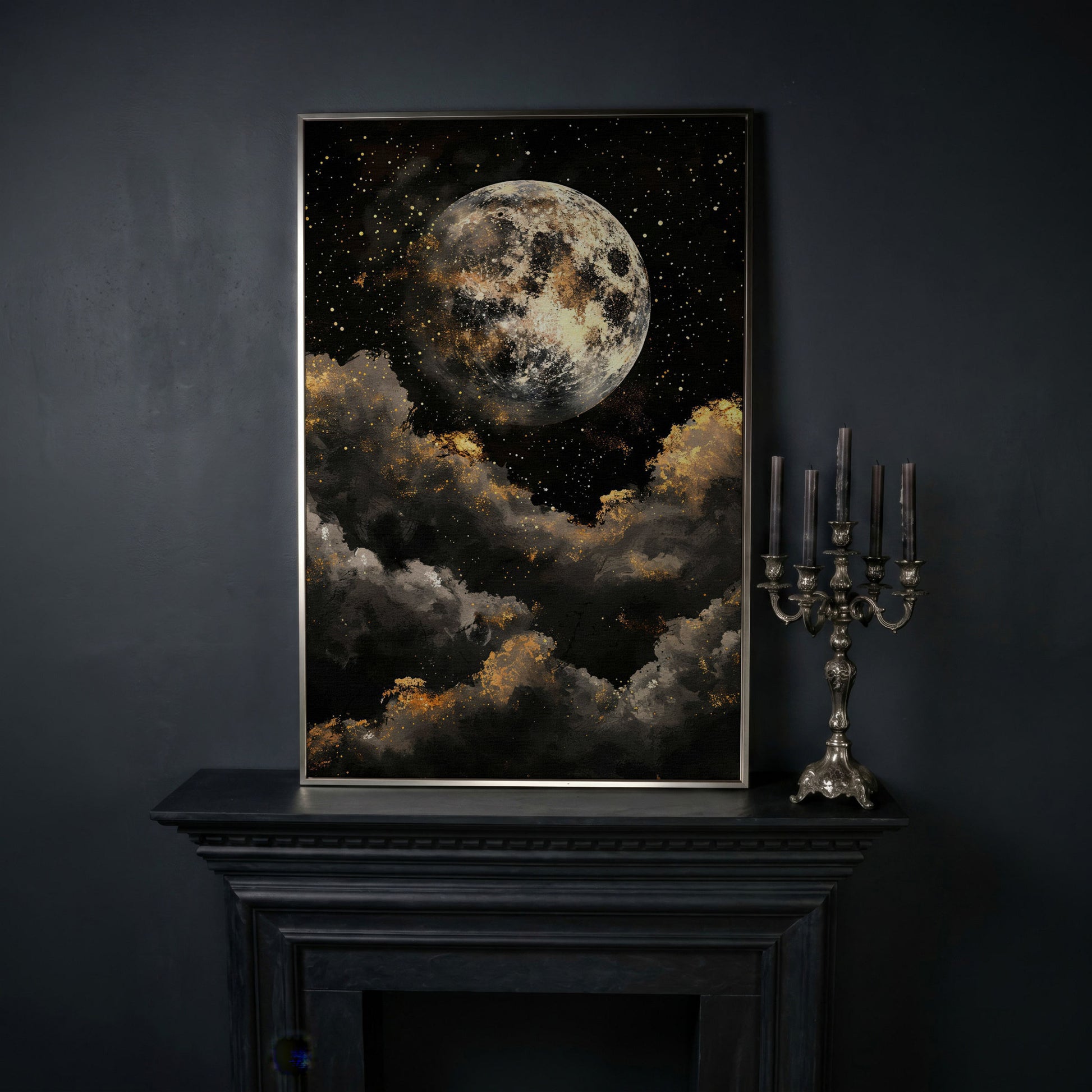 Moonrise Over Golden Clouds Canvas Art in silver floating frame