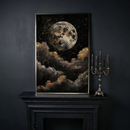 Moonrise Over Golden Clouds Canvas Art in silver floating frame