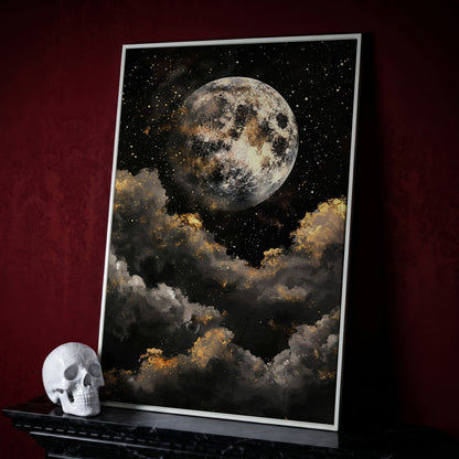 Moonrise Over Golden Clouds Canvas Art in white floating frame