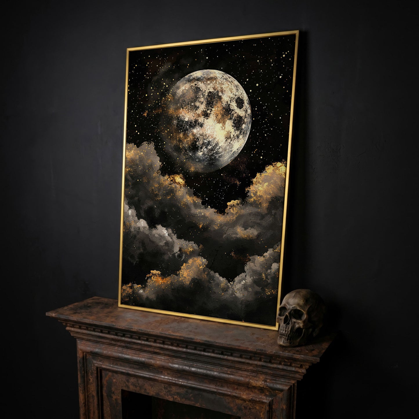 Moonrise Over Golden Clouds Canvas Art in yellow gold floating frame