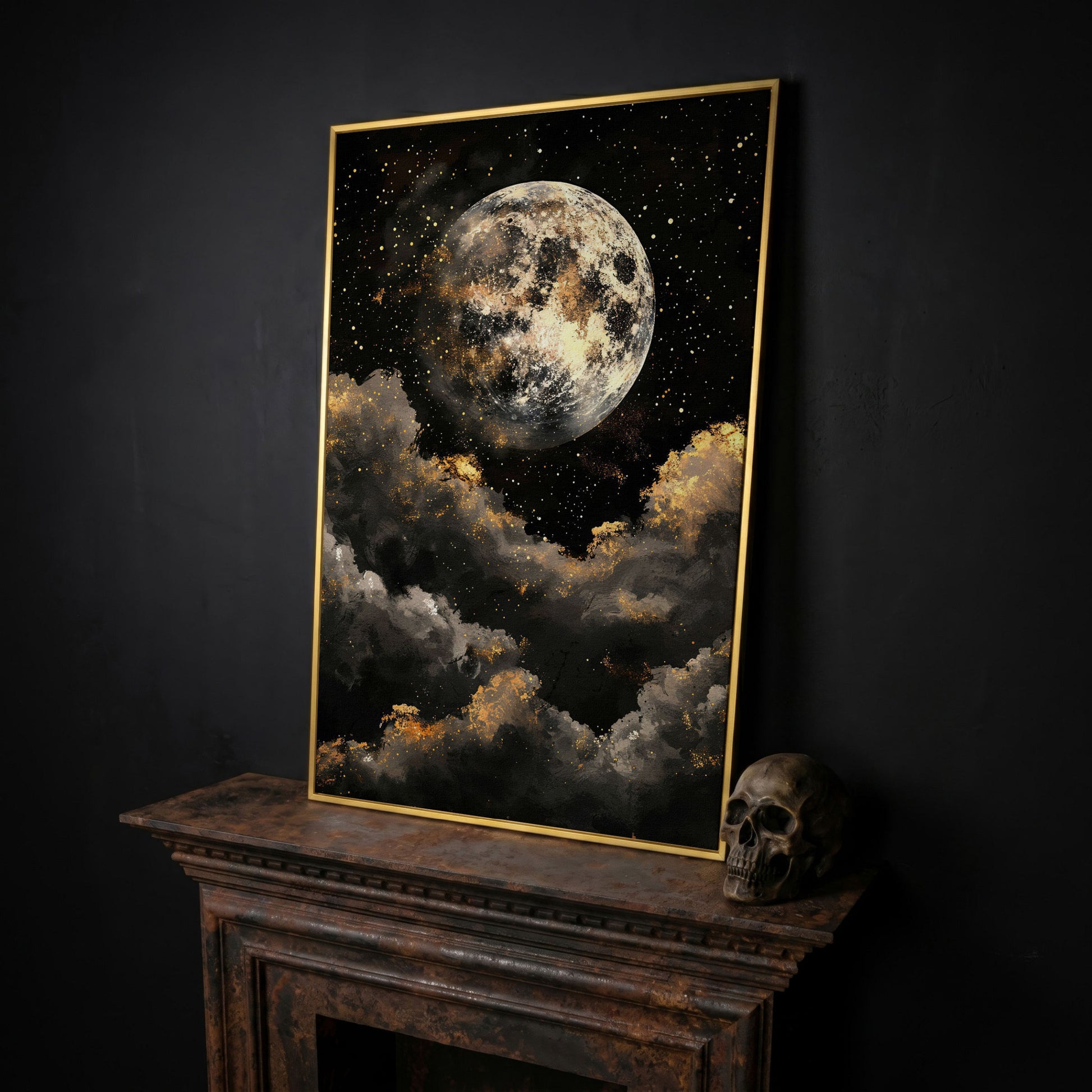 Moonrise Over Golden Clouds Canvas Art in yellow gold floating frame