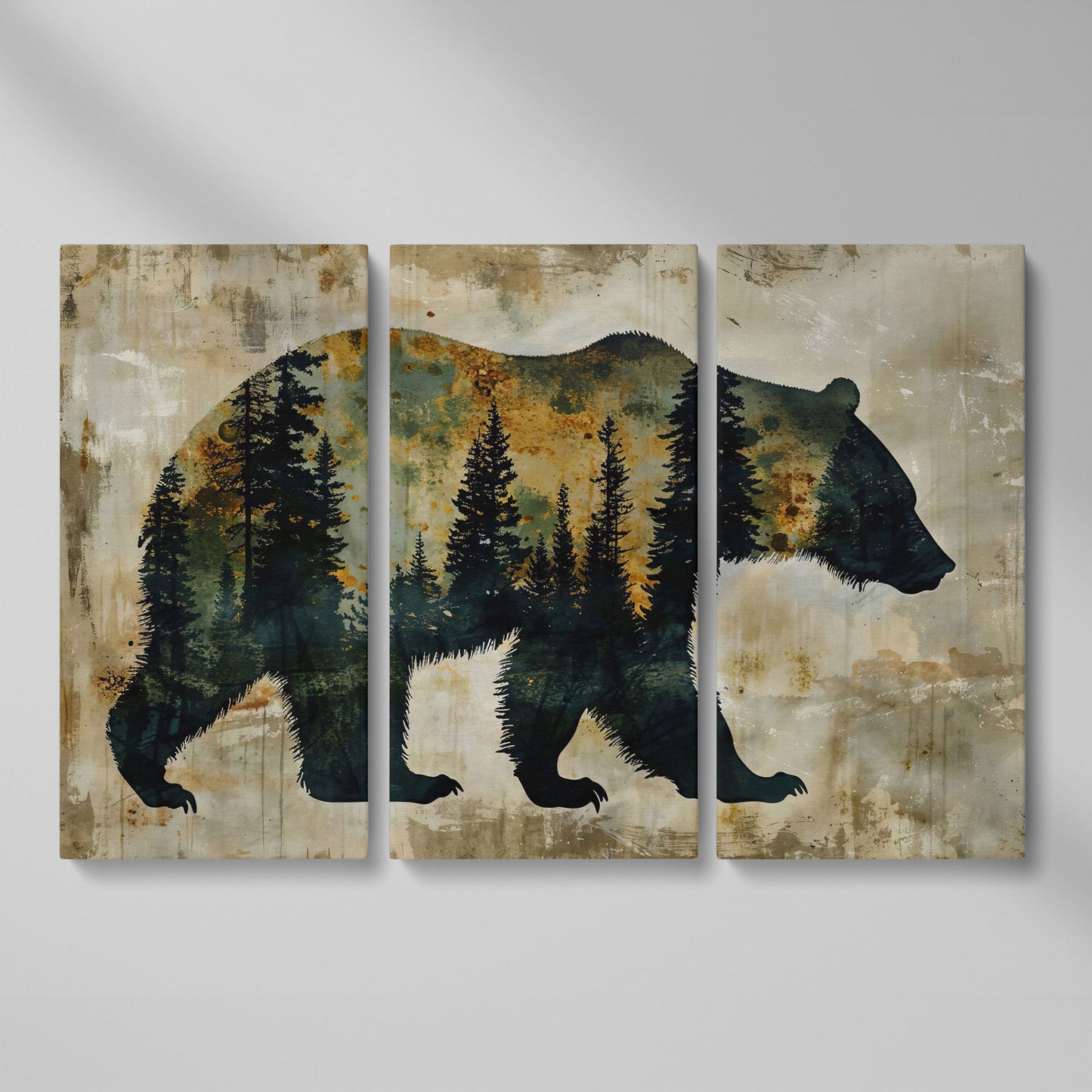 Grizzly Bear Silhouette in Pine Forest Canvas as 3-panel split version