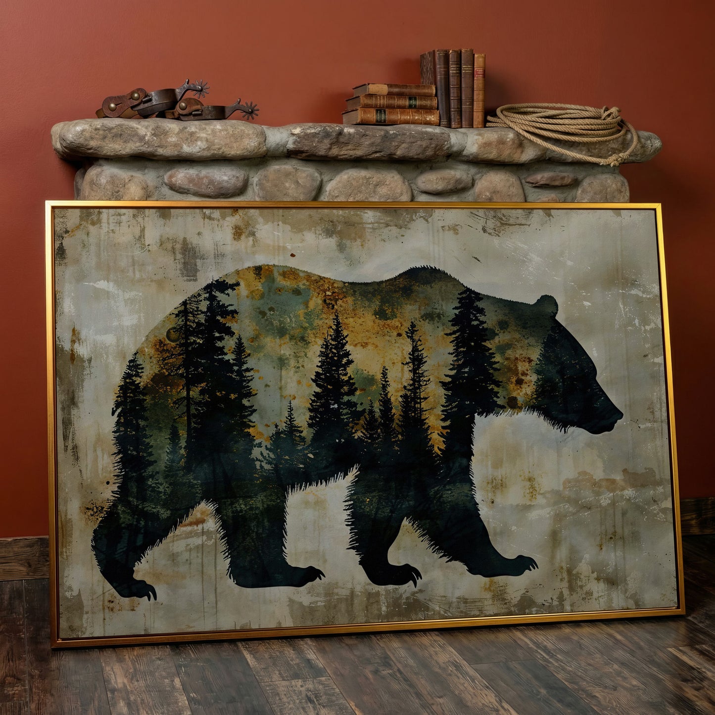 Grizzly Bear Silhouette in Pine Forest Canvas in antique gold floating frame
