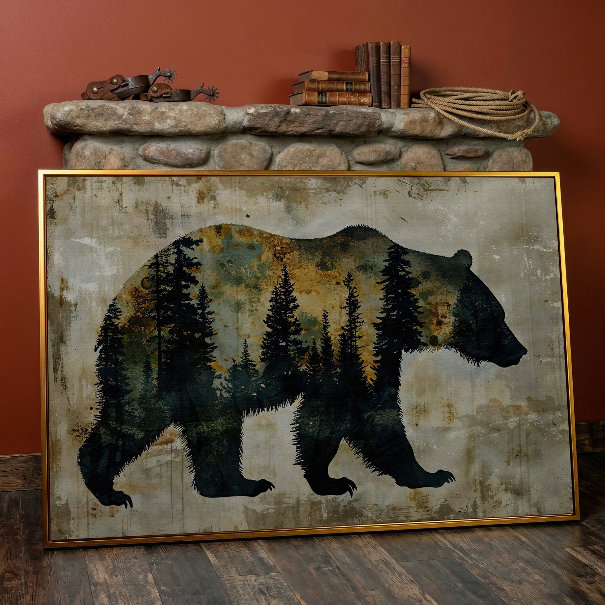 Grizzly Bear Silhouette in Pine Forest Canvas in antique gold floating frame