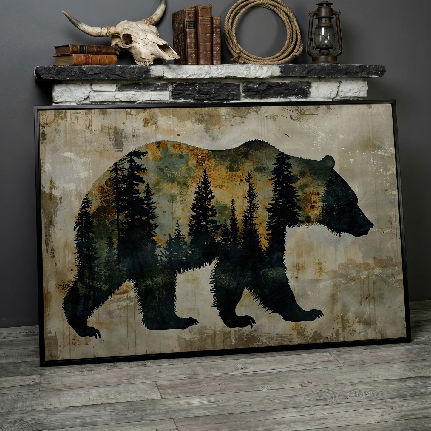 Grizzly Bear Silhouette in Pine Forest Canvas in black floating frame