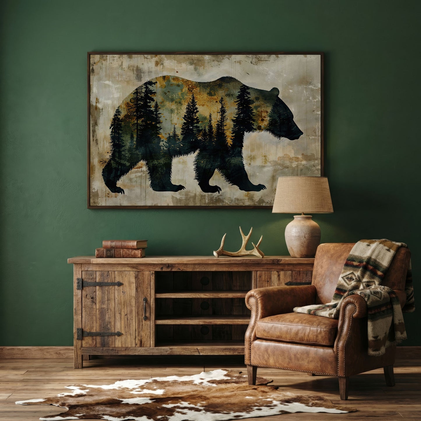 Grizzly Bear Silhouette in Pine Forest Canvas in dark walnut floating frame