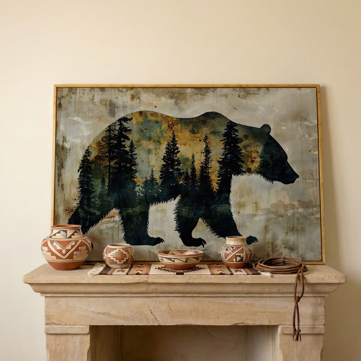 Grizzly Bear Silhouette in Pine Forest Canvas in white oak floating frame