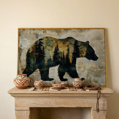 Grizzly Bear Silhouette in Pine Forest Canvas in white oak floating frame
