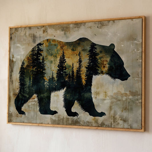 Grizzly Bear Silhouette in Pine Forest Canvas shown in white oak floating frame