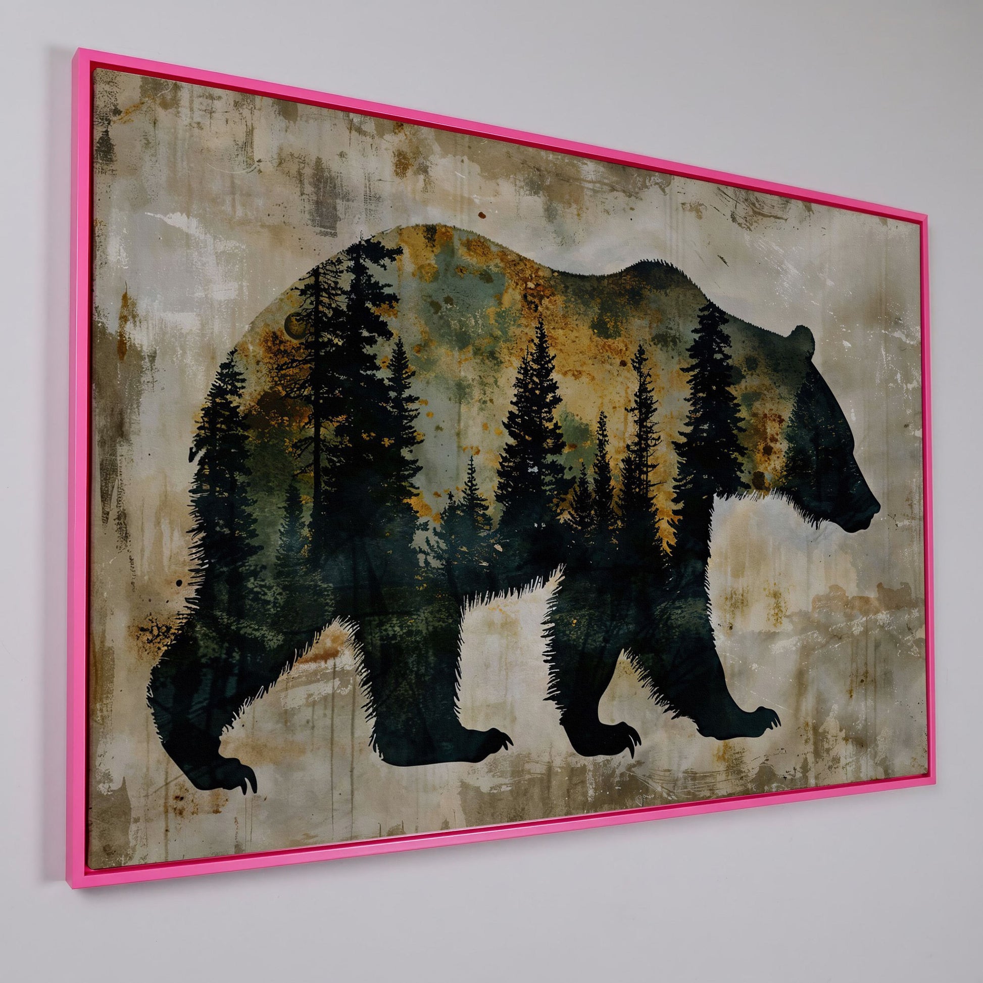 Grizzly Bear Silhouette in Pine Forest Canvas in pink floating frame