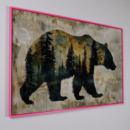 Grizzly Bear Silhouette in Pine Forest Canvas in pink floating frame