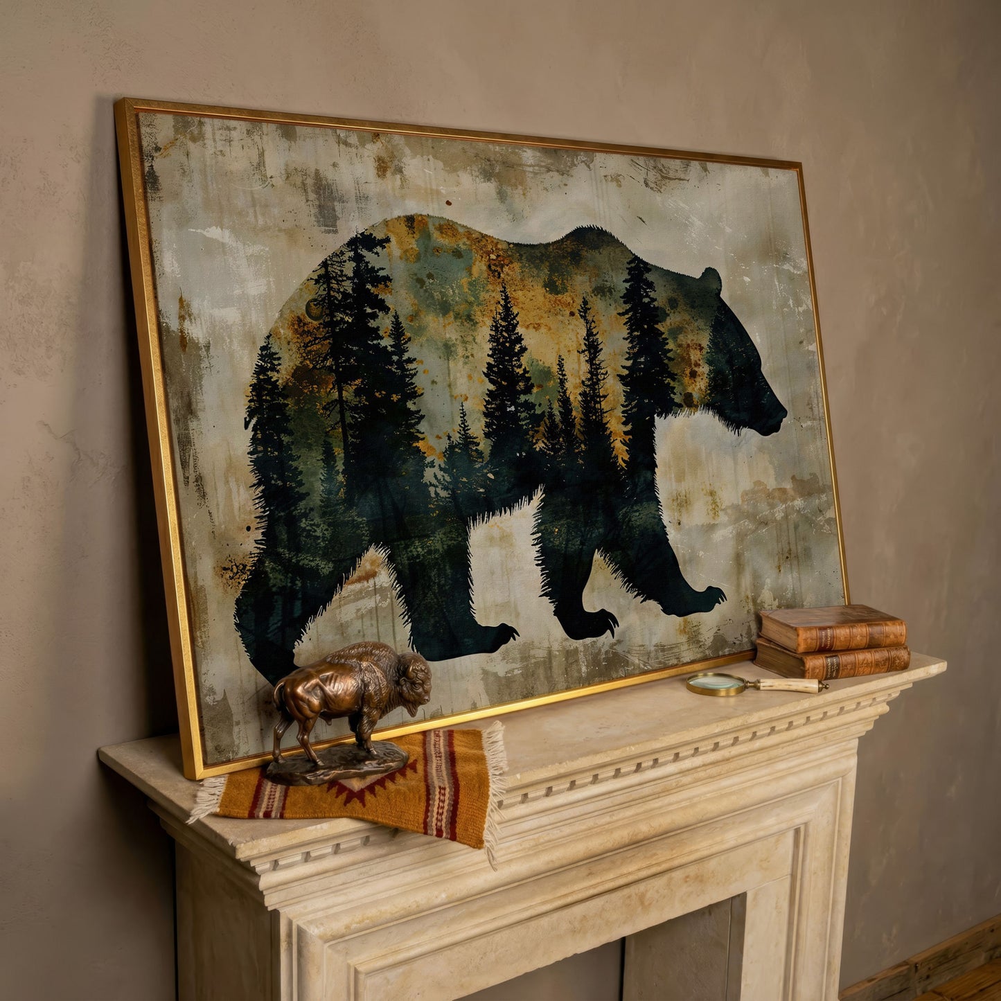 Grizzly Bear Silhouette in Pine Forest Canvas in rose gold floating frame