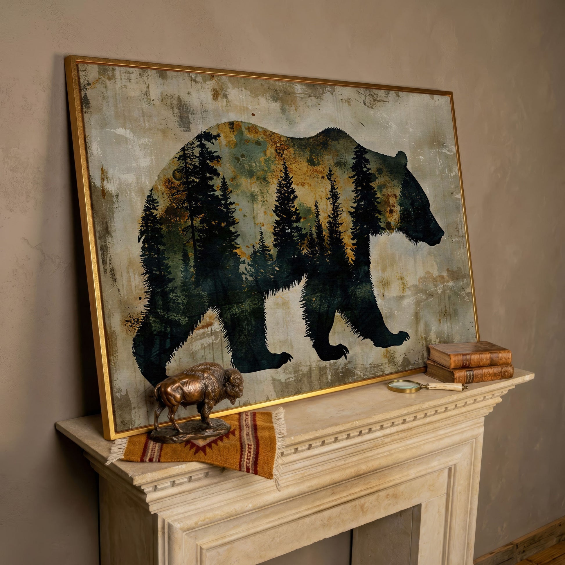 Grizzly Bear Silhouette in Pine Forest Canvas in rose gold floating frame