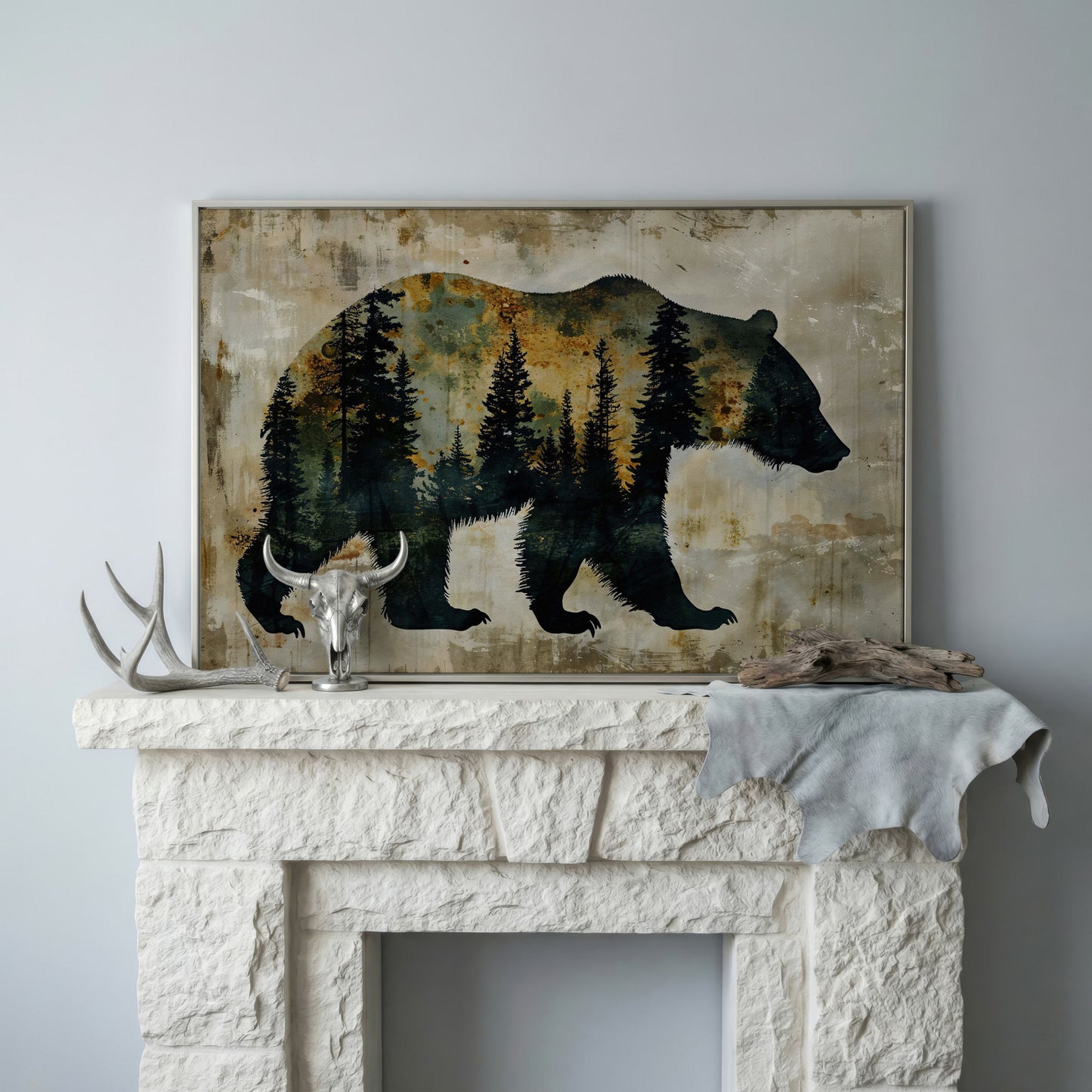 Grizzly Bear Silhouette in Pine Forest Canvas in silver floating frame