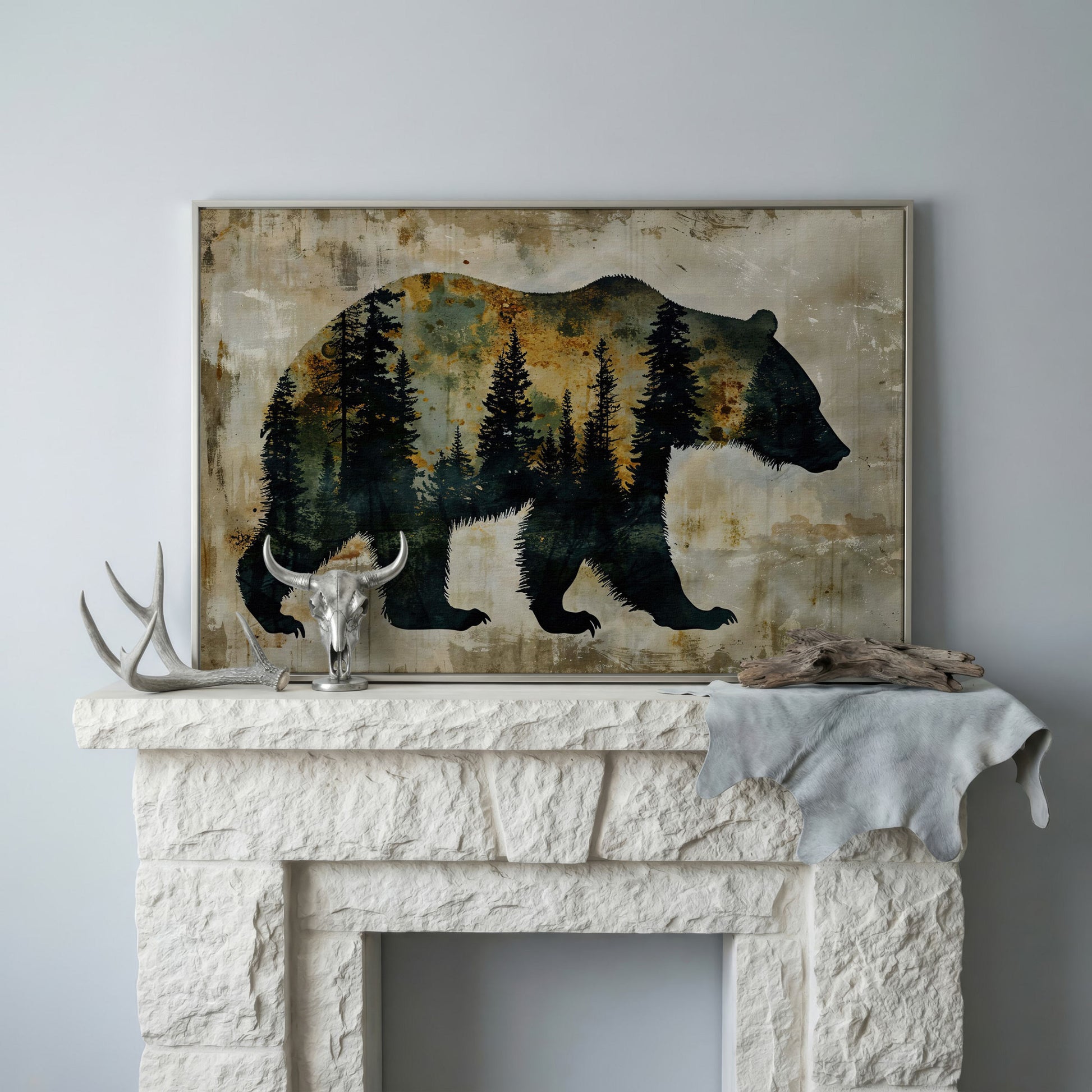 Grizzly Bear Silhouette in Pine Forest Canvas in silver floating frame