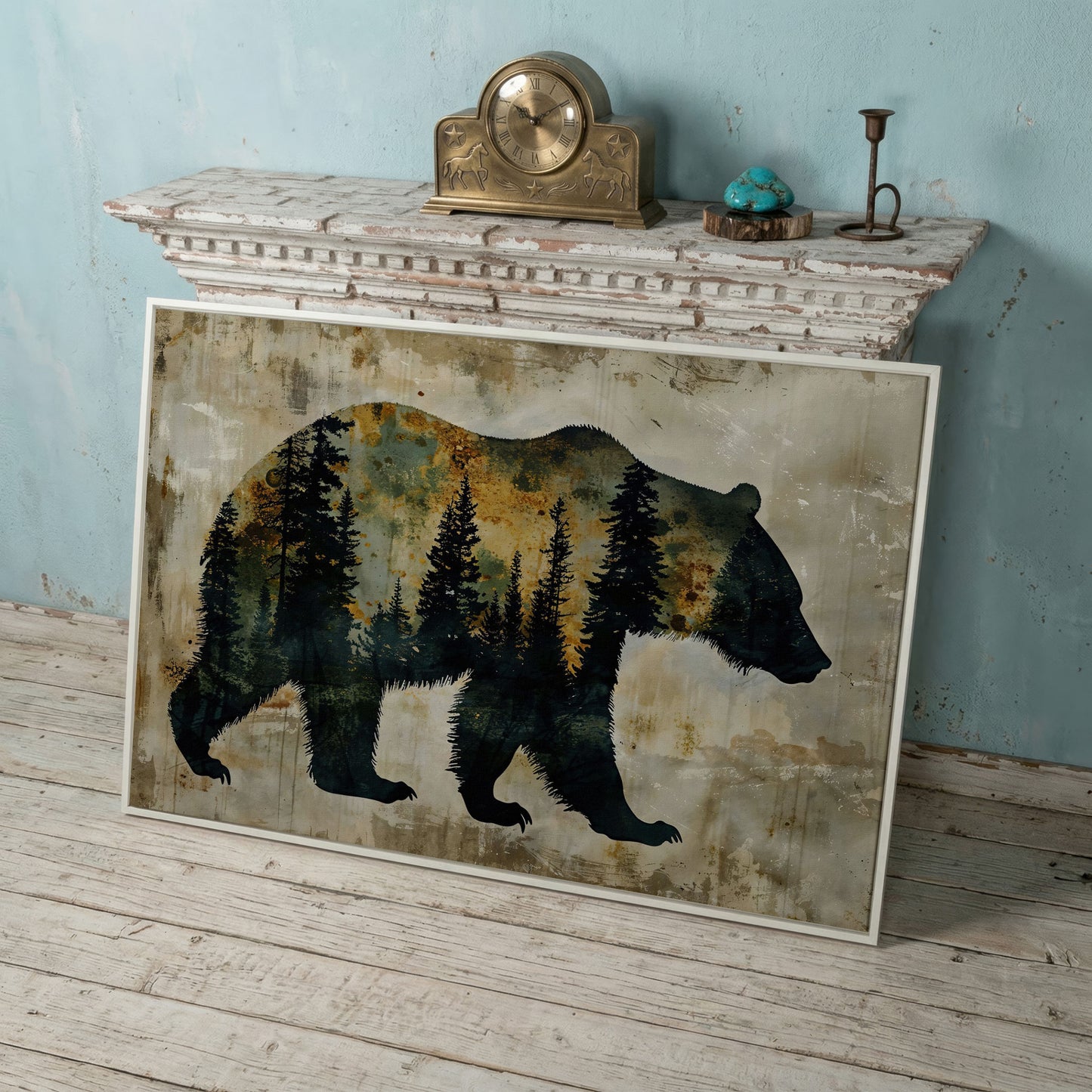 Grizzly Bear Silhouette in Pine Forest Canvas in white floating frame
