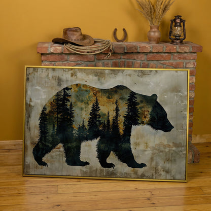 Grizzly Bear Silhouette in Pine Forest Canvas in yellow gold floating frame