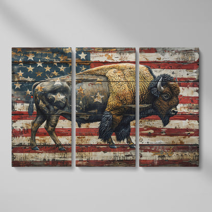 American Bison on Vintage Wood Panel Canvas as 3-panel split version