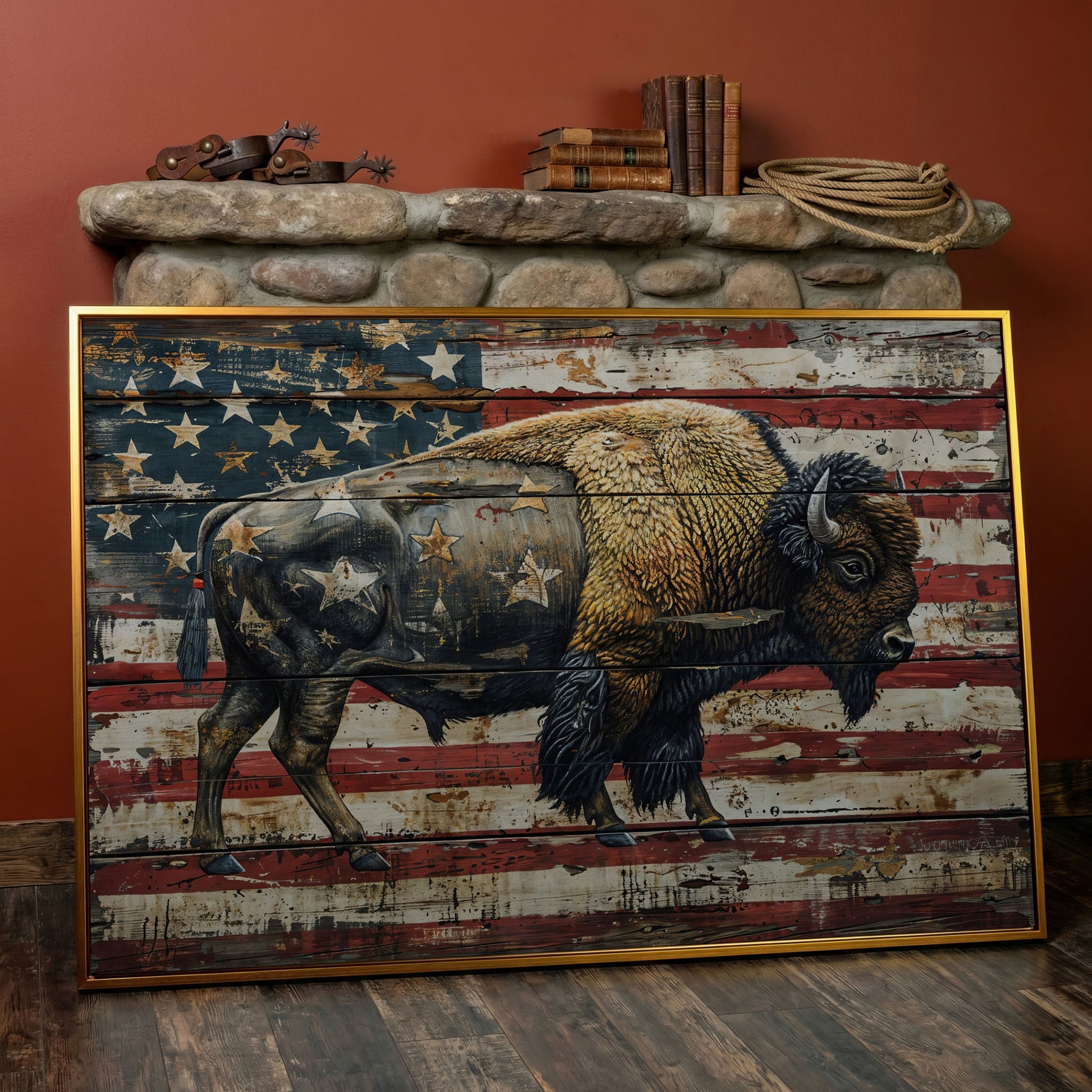 American Bison on Vintage Wood Panel Canvas in antique gold floating frame