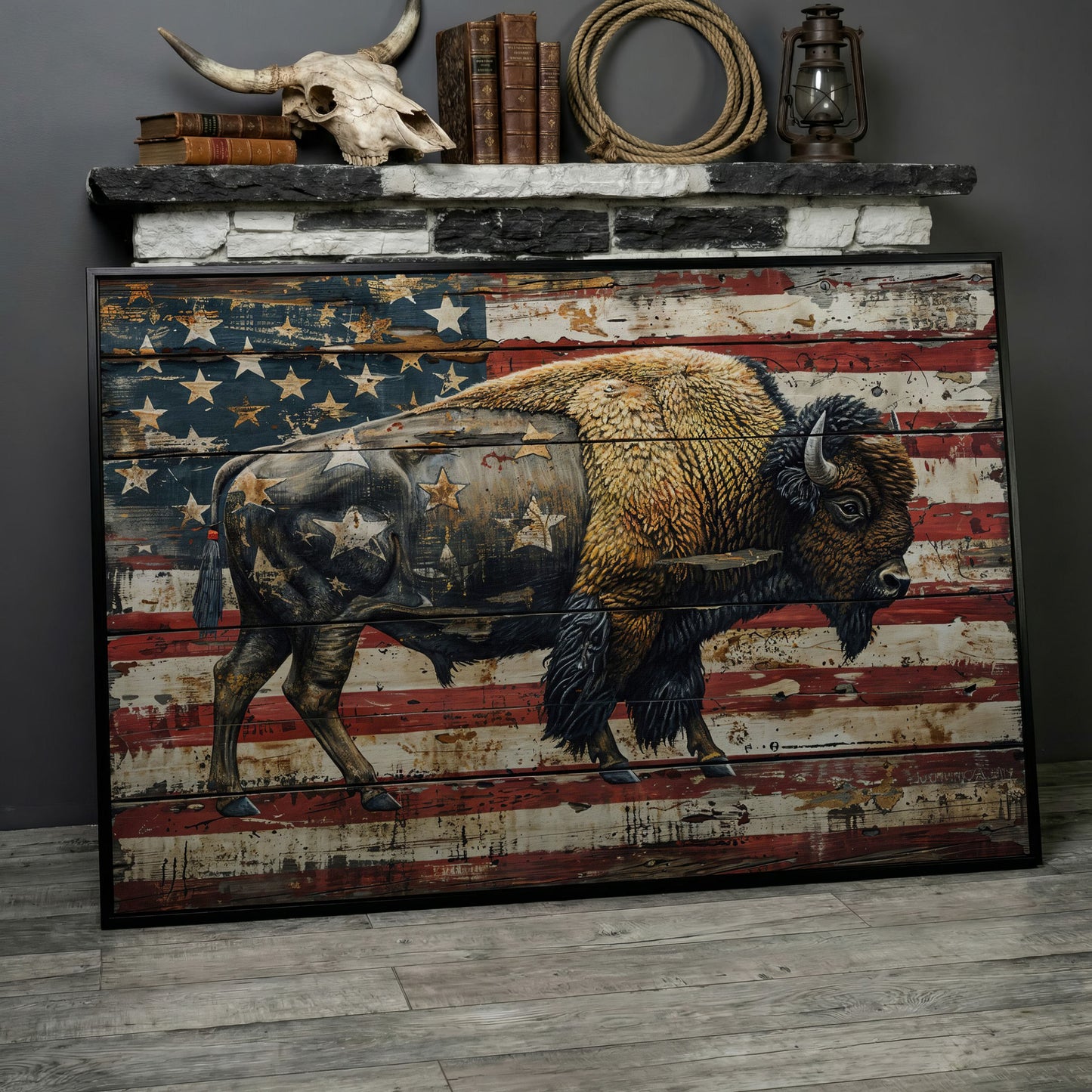 American Bison on Vintage Wood Panel Canvas in black floating frame