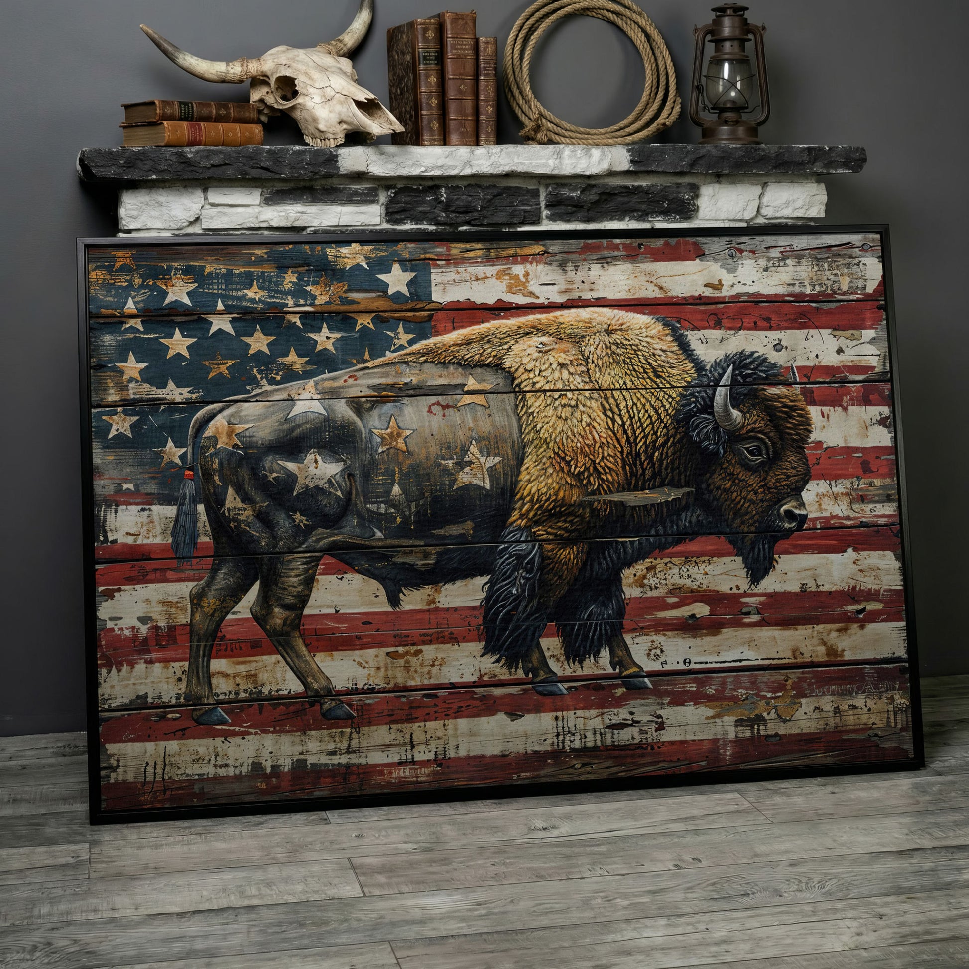 American Bison on Vintage Wood Panel Canvas in black floating frame