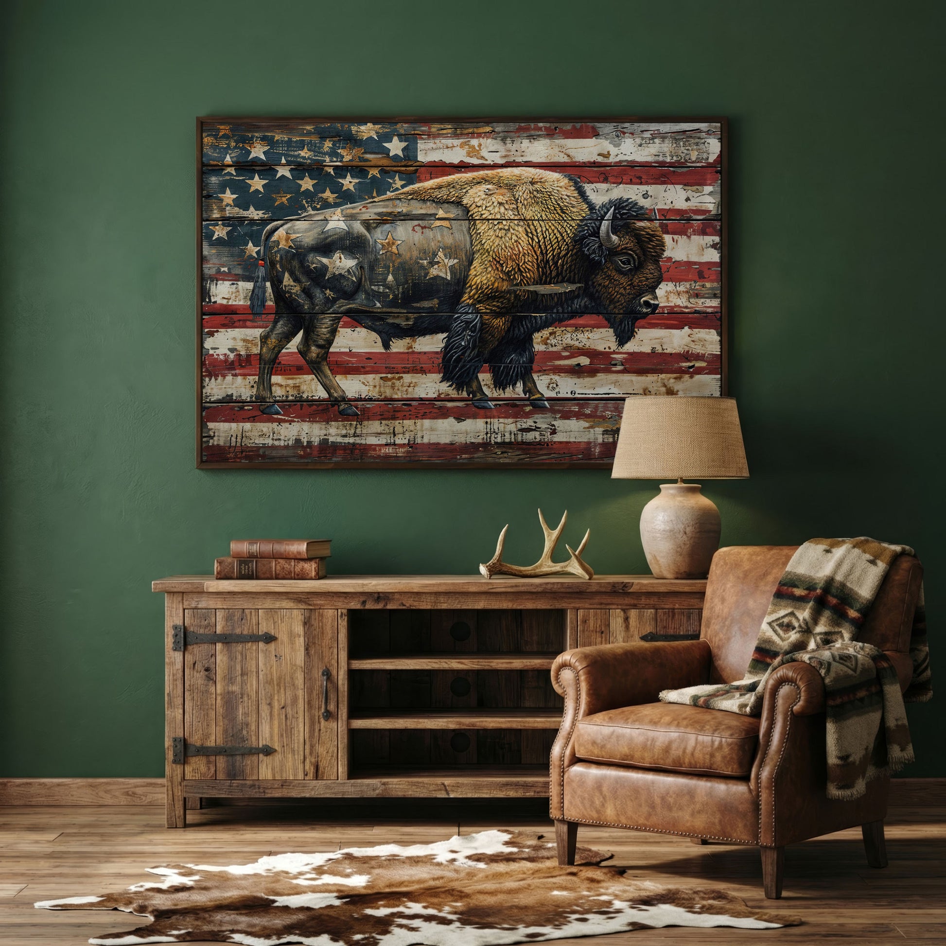 American Bison on Vintage Wood Panel Canvas in dark walnut floating frame