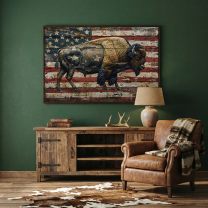 American Bison on Vintage Wood Panel Canvas in dark walnut floating frame