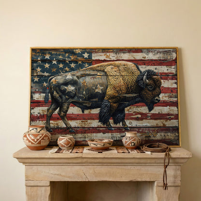American Bison on Vintage Wood Panel Canvas in white oak floating frame