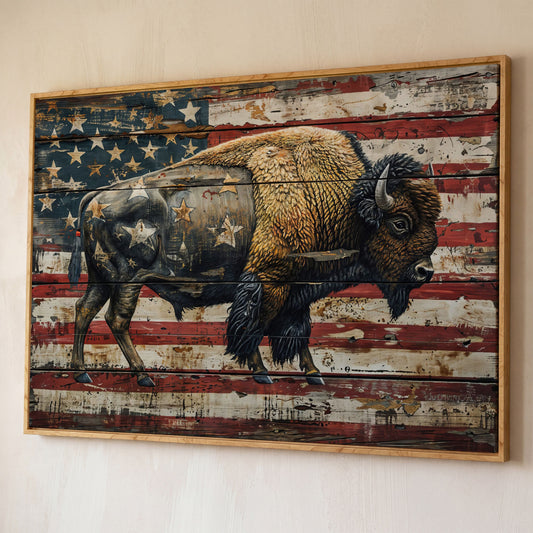 American Bison on Vintage Wood Panel Canvas shown in white oak floating frame