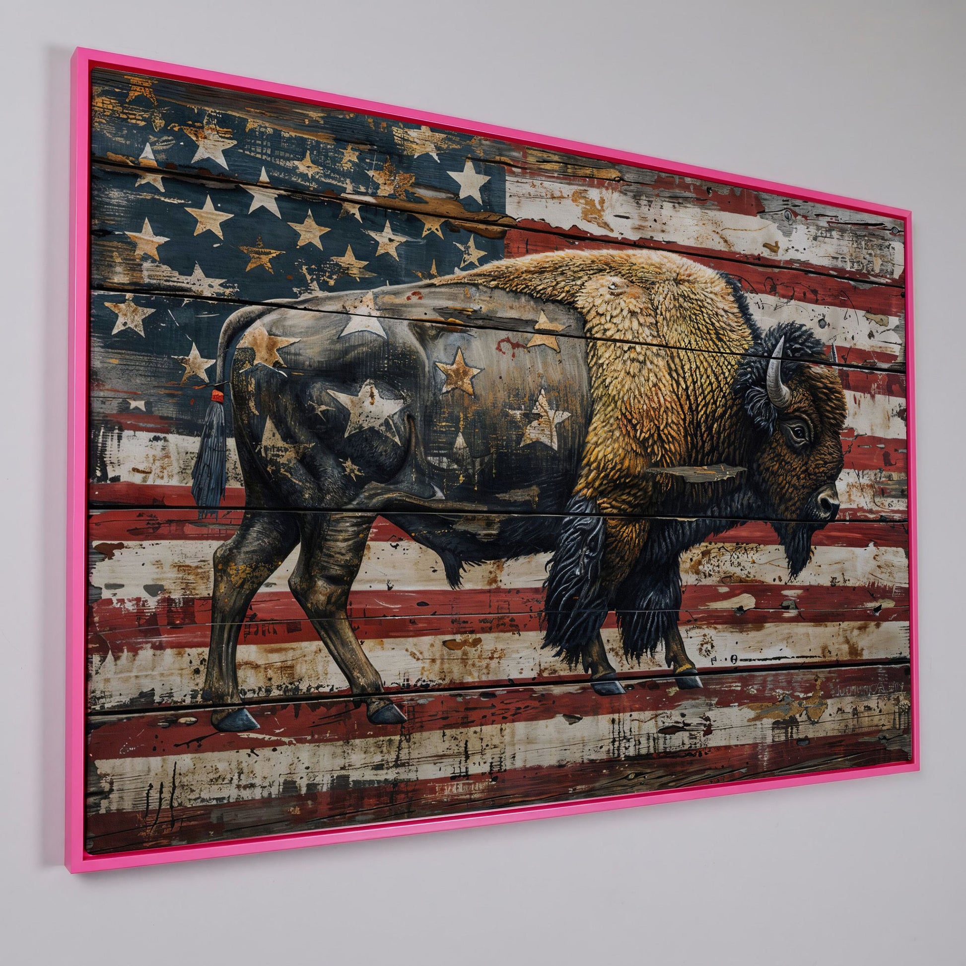 American Bison on Vintage Wood Panel Canvas in pink floating frame