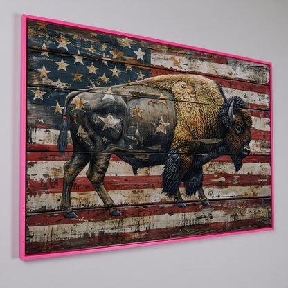American Bison on Vintage Wood Panel Canvas in pink floating frame