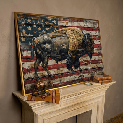 American Bison on Vintage Wood Panel Canvas in rose gold floating frame