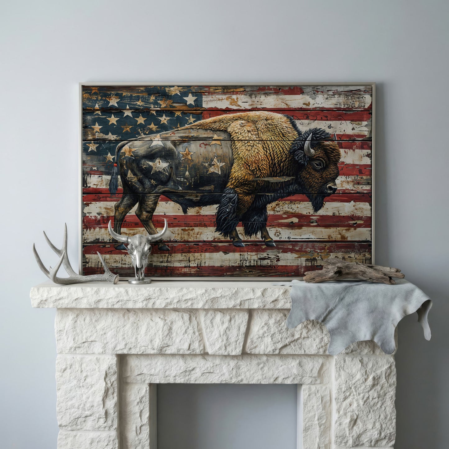 American Bison on Vintage Wood Panel Canvas in silver floating frame