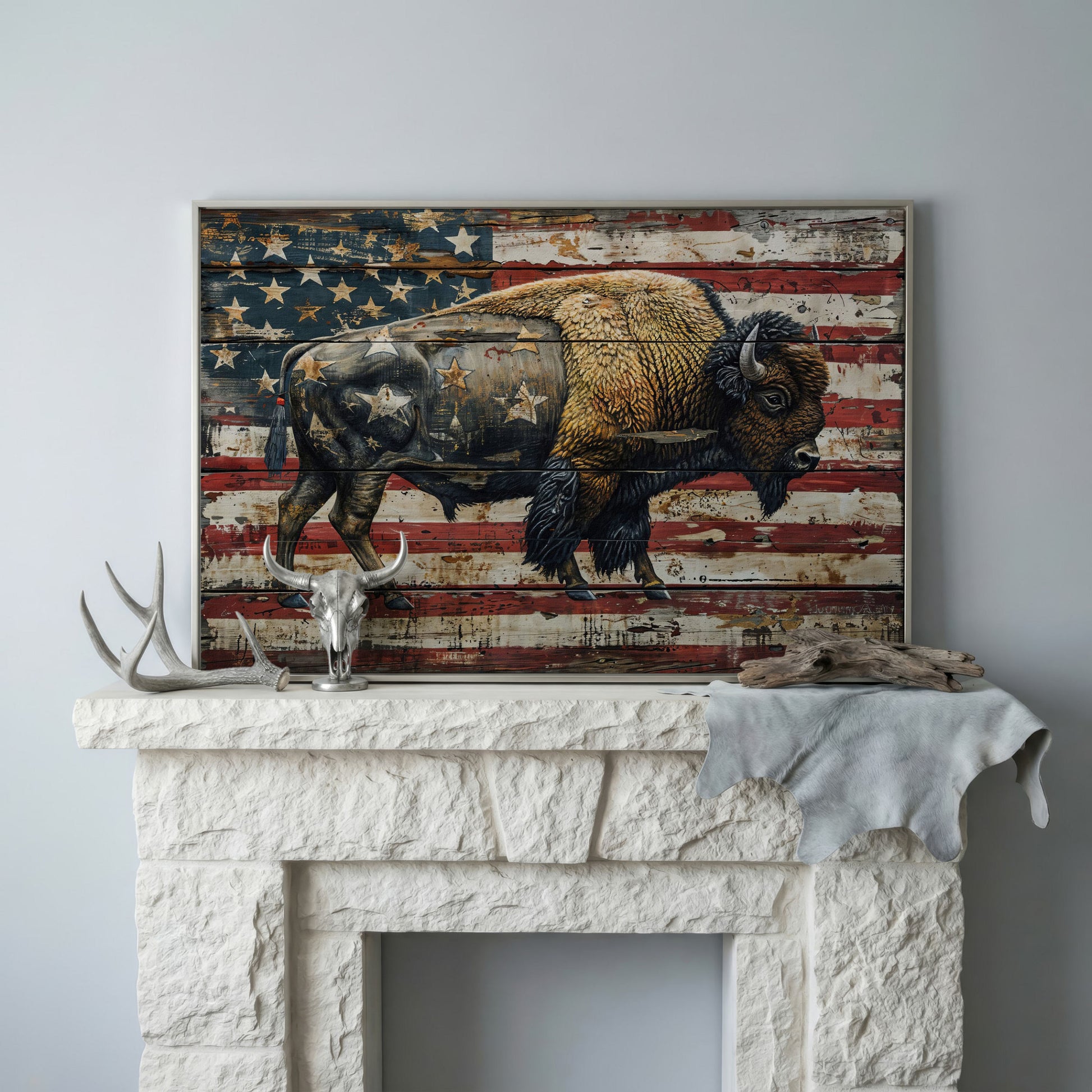 American Bison on Vintage Wood Panel Canvas in silver floating frame
