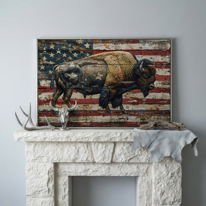 American Bison on Vintage Wood Panel Canvas in silver floating frame