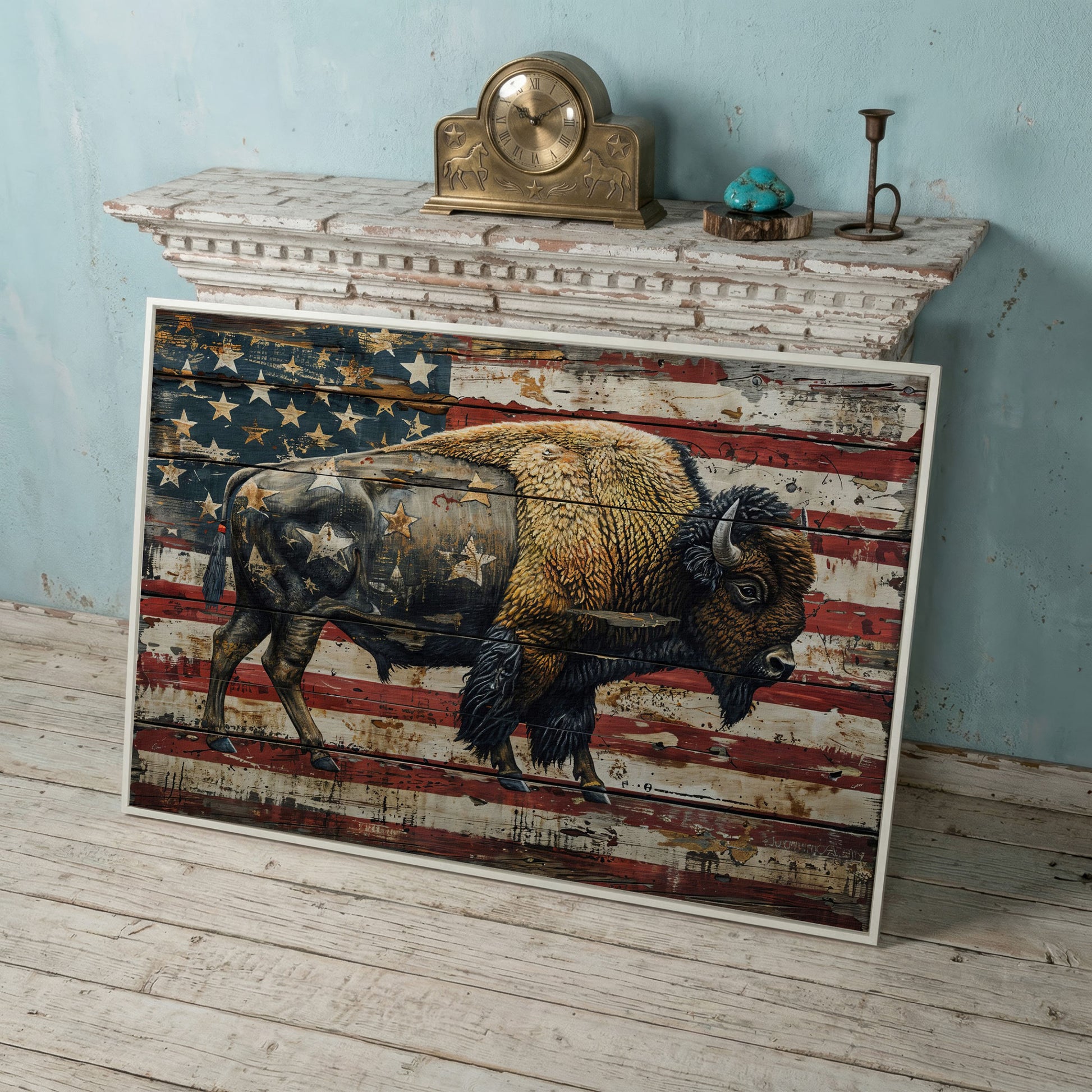 American Bison on Vintage Wood Panel Canvas in white floating frame