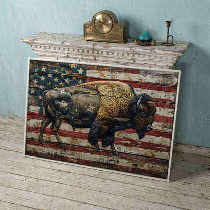 American Bison on Vintage Wood Panel Canvas in white floating frame