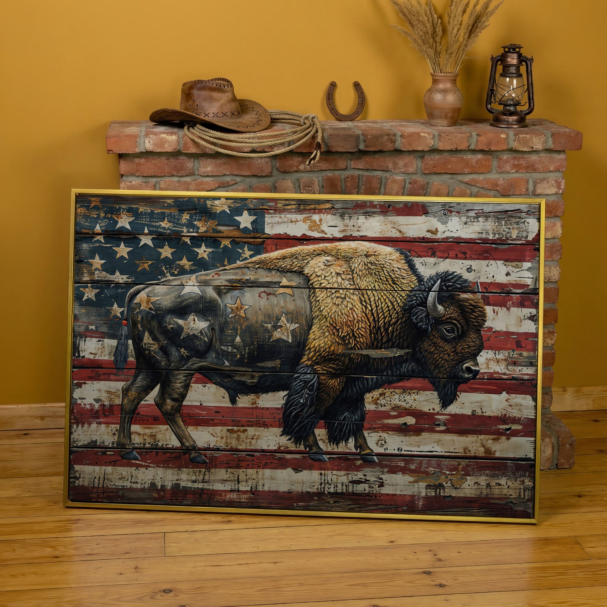 American Bison on Vintage Wood Panel Canvas in yellow gold floating frame