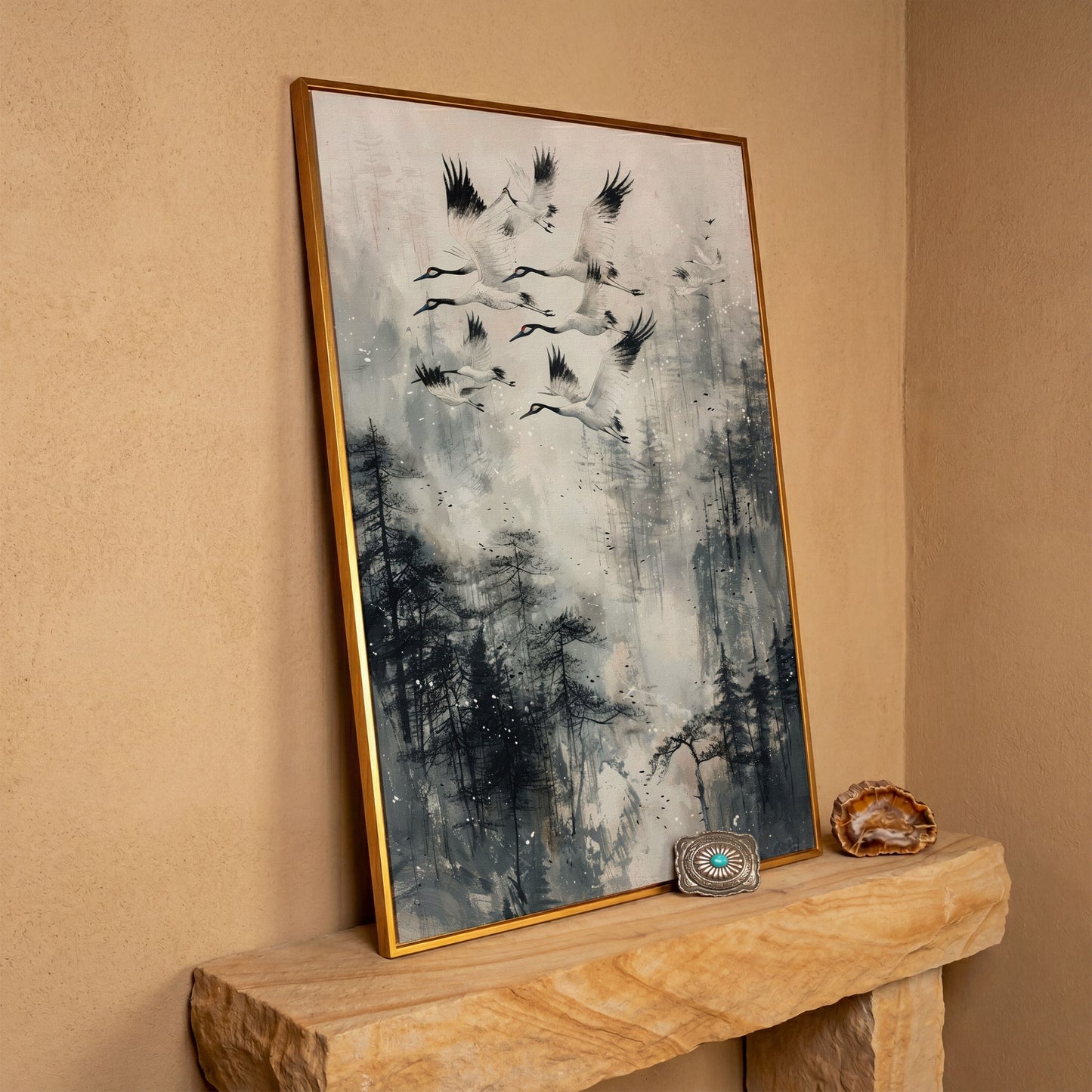 Soaring Cranes Over Foggy Forest Canvas Print in antique gold floating frame